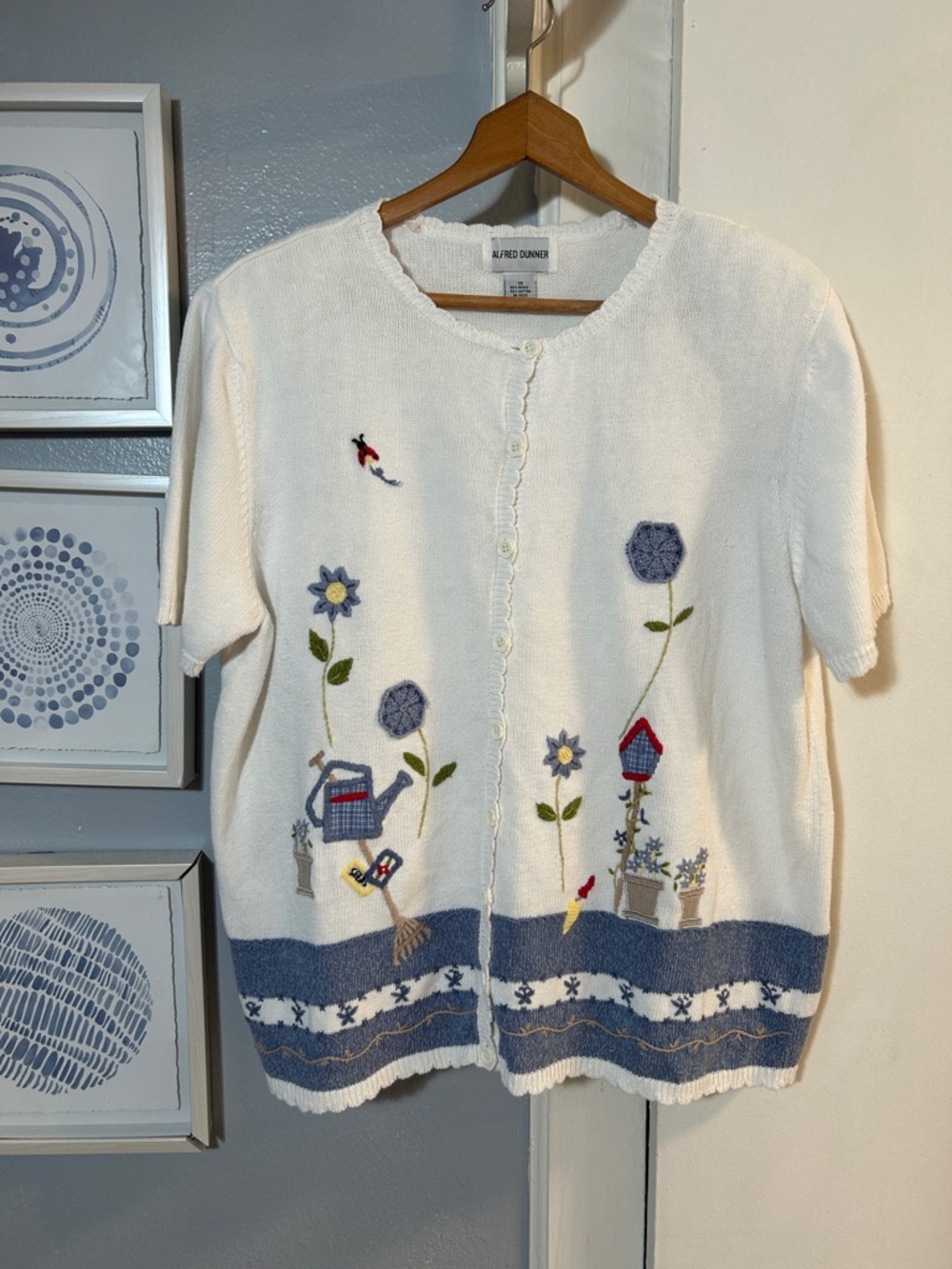 Vintage Alfred Dunner White Short Sleeve Cardigan Blue Garden Embroidery Size 1X